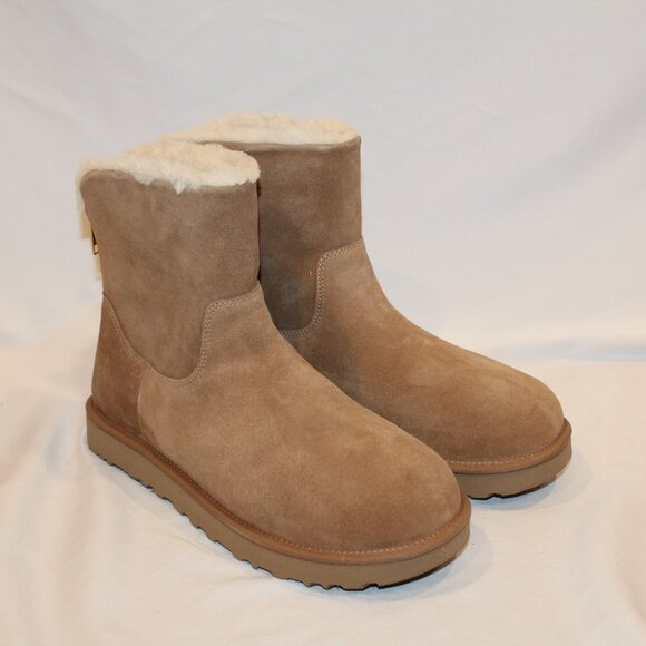 UGG WOMEN'S MINI ZIP SUEDE SHEARLING LINED ANKLE BOOTS CHESTNUT NEW - Picture 5 of 10